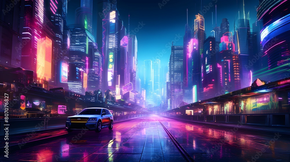night scene of modern city with car driving on the road at night