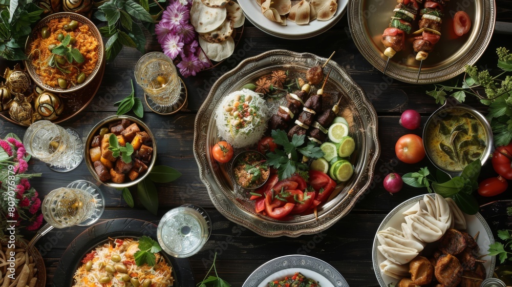 A festive Ramadan iftar table adorned with a variety of Middle Eastern dishes, including biryani, kebabs, and stuffed vine leaves.