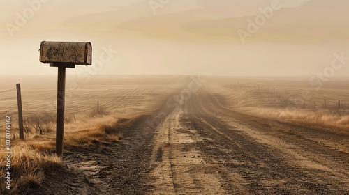 This is a rural road with a mailbox at the side. The road is unpaved and there is a thick fog in the air.