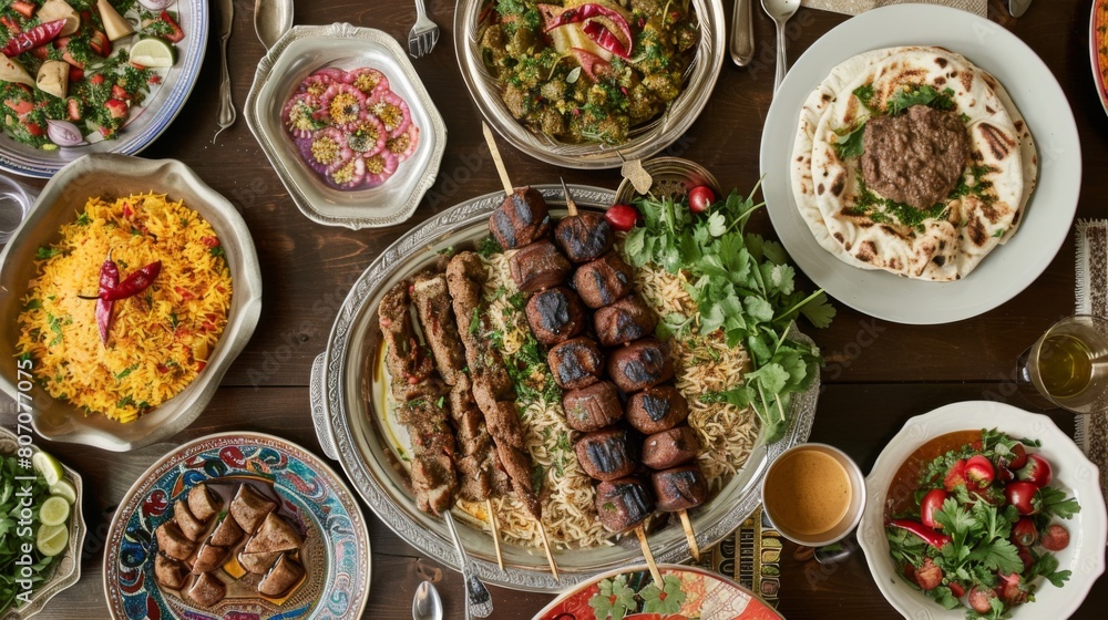 A festive Ramadan iftar table adorned with a variety of Middle Eastern dishes, including biryani, kebabs, and stuffed vine leaves. A festive Ramadan iftar table adorned with a variety of Middle Eastern dishes, including biryani, kebabs, and stuffed vine leaves.