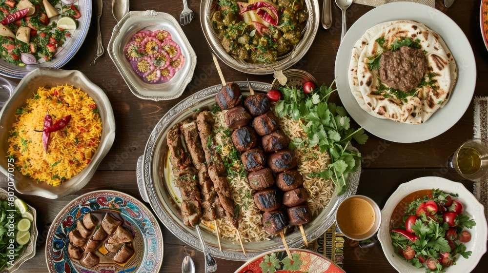 A festive Ramadan iftar table adorned with a variety of Middle Eastern dishes, including biryani, kebabs, and stuffed vine leaves.