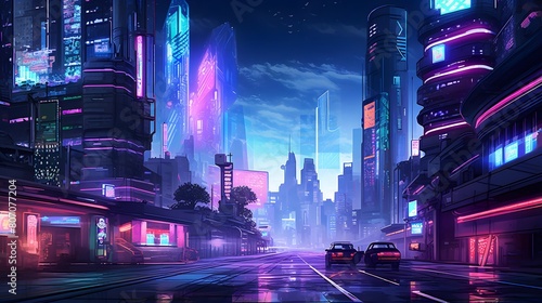 Night city panorama with neon lights and skyscrapers, 3d illustration photo