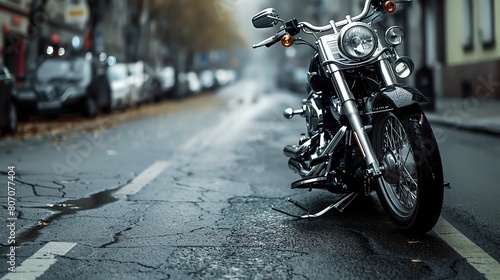 A black motorcycle is parked on a wet city street. The street is lined with parked cars and the buildings are in the background. photo