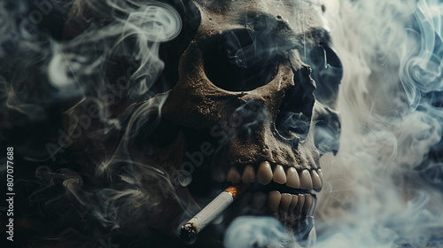 A dark and eerie backdrop featuring a cigarette, smoke, and skull, photo