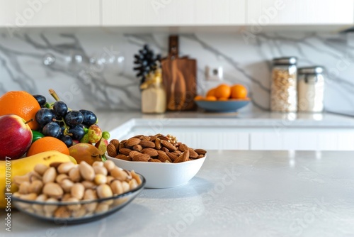 Bright and minimalist kitchen with a spread of healthy snacks like nuts and fruits, simplicity in eating