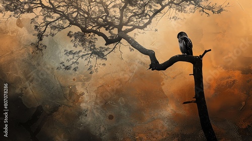 The image is a digital painting of an owl sitting on a branch of a tree against a textured background.