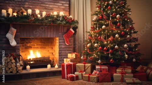 A cozy Christmas living room scene with a warm fireplace, 