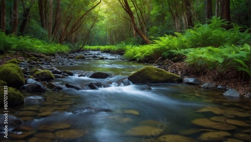 Serene forest stream, Picture a tranquil scene of a meandering stream flowing gently through a lush forest, inviting viewers to immerse themselves in the tranquility of nature.