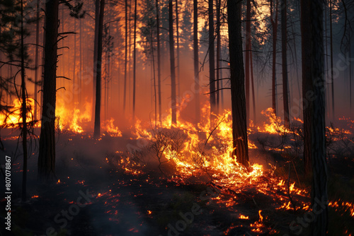 A forest fire is raging through a forest, with smoke