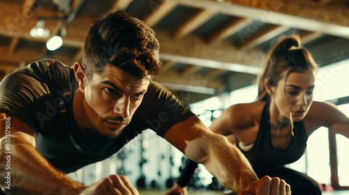 A man and woman in a gym setting, engaged in a workout routine that involves push-ups photo