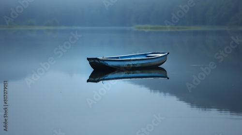Blue wooden boat floating on a calm lake surrounded by a lush green forest. The water is crystal clear and reflects the sky and trees. photo