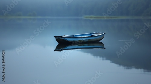 Blue wooden boat floating on a calm lake surrounded by a lush green forest. The water is crystal clear and reflects the sky and trees.