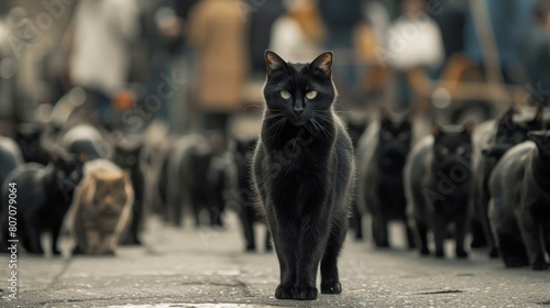 Striking portrait of a lone black cat standing proud in a crowded scene, embodying the power of uniqueness and the audacity to lead photo