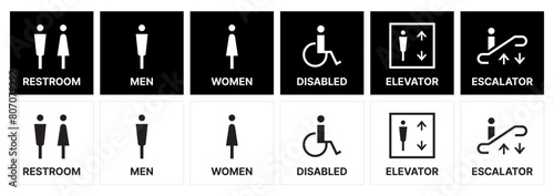Male and Female toilet symbols. disabled icon. gender icon. restroom pictogram. Elevator and Escalator public signage. WC signage on black and white SVG vector. 