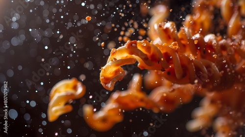 Vibrant portrait of levitating pasta swirls coated in tomato sauce, frozen in time with high-speed photography, highlighting the lively interaction