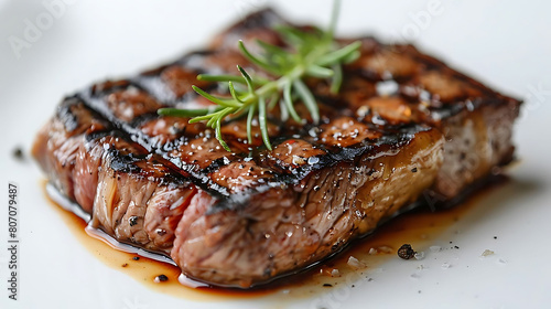 close - up of grilled steak with char marks on a white plate, garnished with a green stem
