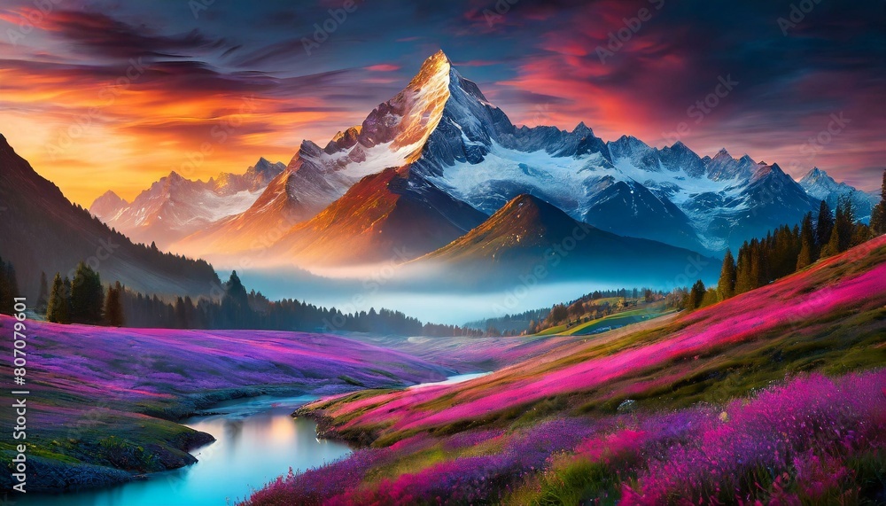 Mountain Valley Dreamscape with Rainbow Fields