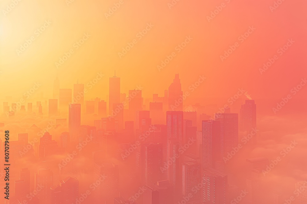 Fototapeta premium A city skyline is shown in a hazy orange sky