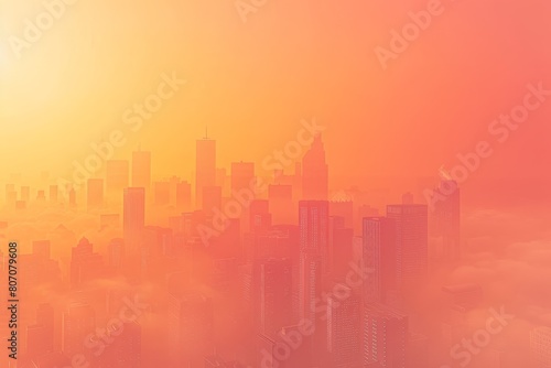 A city skyline is shown in a hazy orange sky