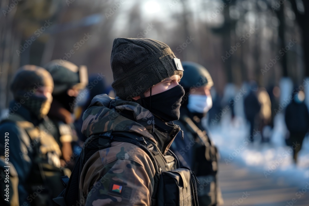 Woman or man in military uniform with mask on face. Person dressed in winter military uniform at morning formation. concept of protecting sovereignty of the country Woman or man in military uniform with mask on face. Person dressed in winter military uniform at morning formation. concept of protecting sovereignty of the country