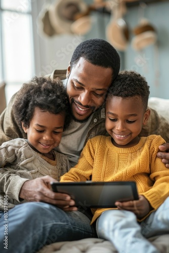 Happy father with multiethnic children playing with digital tablet at home, Generative AI