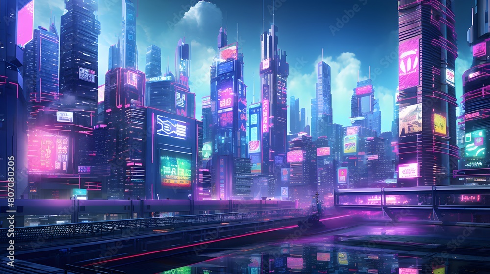 Panoramic view of a modern city at night with neon lights