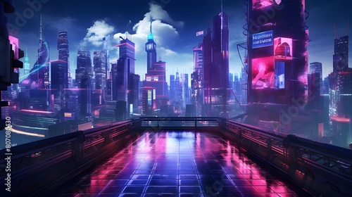 Futuristic city at night with neon lights  3d rendering