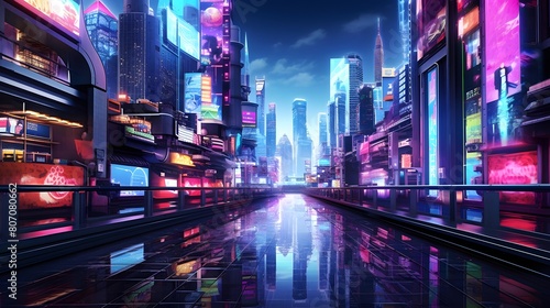 Modern city at night with high-rise buildings and fast moving cars