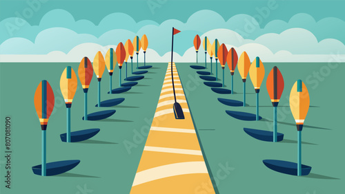 Paddle boards lined up at the starting line the competitors eagerly awaiting the sound of the horn to begin their race.. Vector illustration