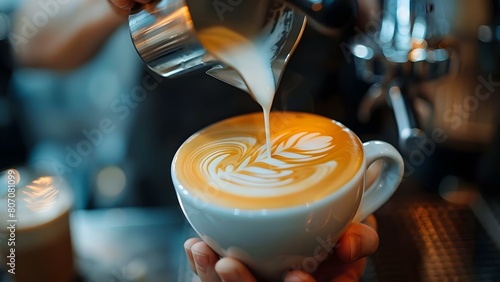 Barista uses modern technology to create latte art with milk. Concept Barista, Latte Art, Modern Technology, Milk, Creativity photo
