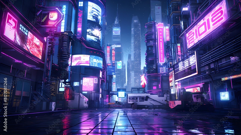 3D rendering of a night city with neon lights in the foreground