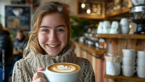 Young woman happily savoring cappuccino in cozy coffee shop ambiance. Concept Coffee shop ambiance, Young woman, Cappuccino, Happiness, Cozy