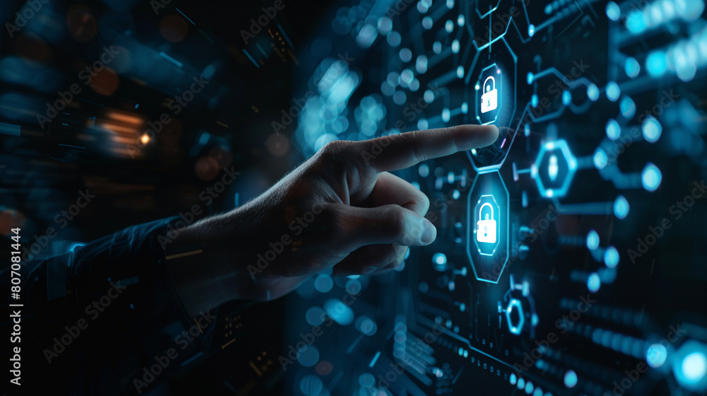 Businessman use forefinger touching security button on virtual screens, internet technology, artificial intelligence and networking concept, blue sci-fi tone, Businessman use forefinger touching security button on virtual screens, internet technology, artificial intelligence and networking concept, blue sci-fi tone,