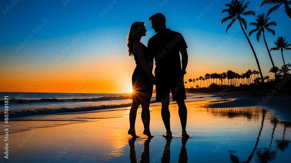 Fototapeta premium couple silhouette on the beach 