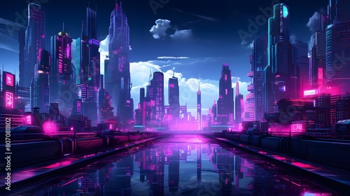 Futuristic city at night with neon lights. 3d rendering © Michelle