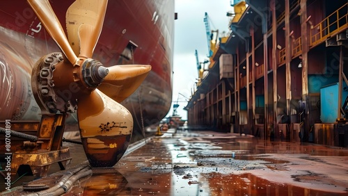 Propeller of cargo ship in dry dock undergoing maintenance: Close-up view. Concept Ship Maintenance, Propeller Inspection, Dry Dock, Close-up View photo