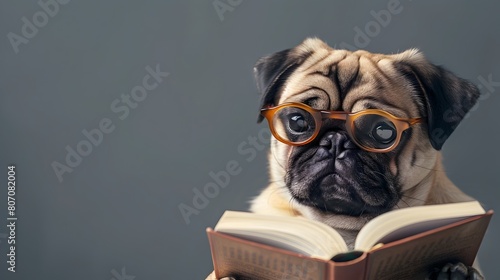 Pug Dog Reading Book in Surreal Studio Setting with Vivid Gray Background