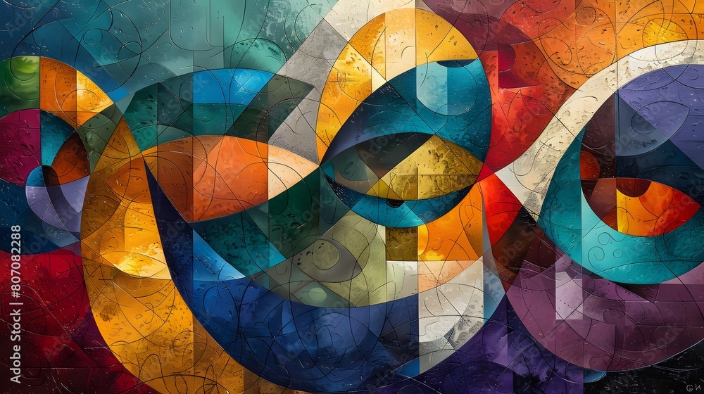 Fototapeta premium An abstract painting of swirling colors and geometric shapes