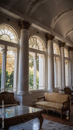 Step into a room of timeless elegance, featuring stately columns and a spacious window that frames views of the outside world.