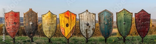 Shieldshaped medieval battlefield reenactment, historical and dramatic for themed events or gaming backgrounds photo