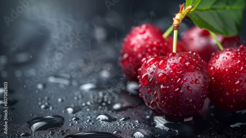 cherry water drops on a black background photo
