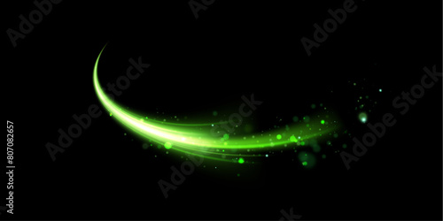 Green line curve light effect. Glowing green semi-circle. Abstract effect of light energy movement.