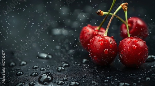 cherry water drops on a black background photo