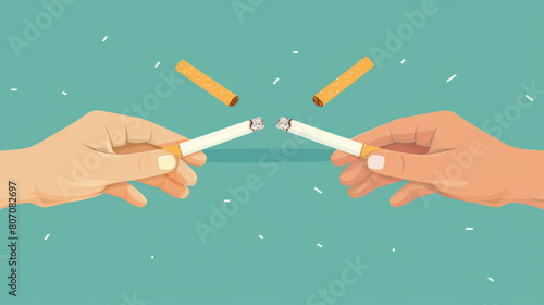 Illustrative concept of breaking free from cigarette addiction with hands snapping cigarettes in half, signifying the cessation of smoking. photo