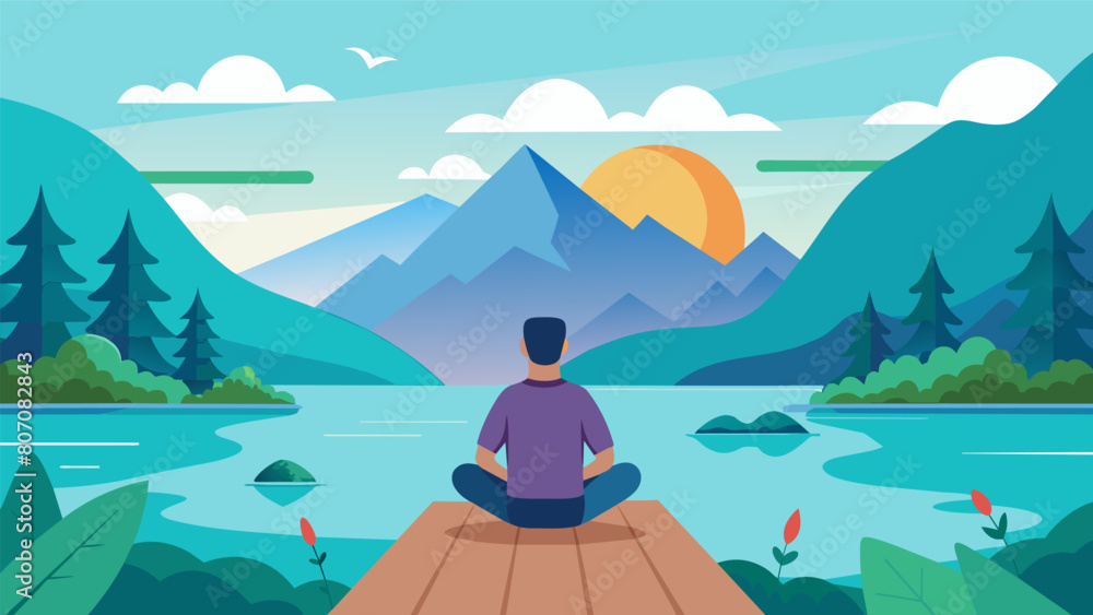 An image of a person sitting on a dock by a lake surrounded by trees and mountains with the prompt Close your eyes and visualize your happy place..