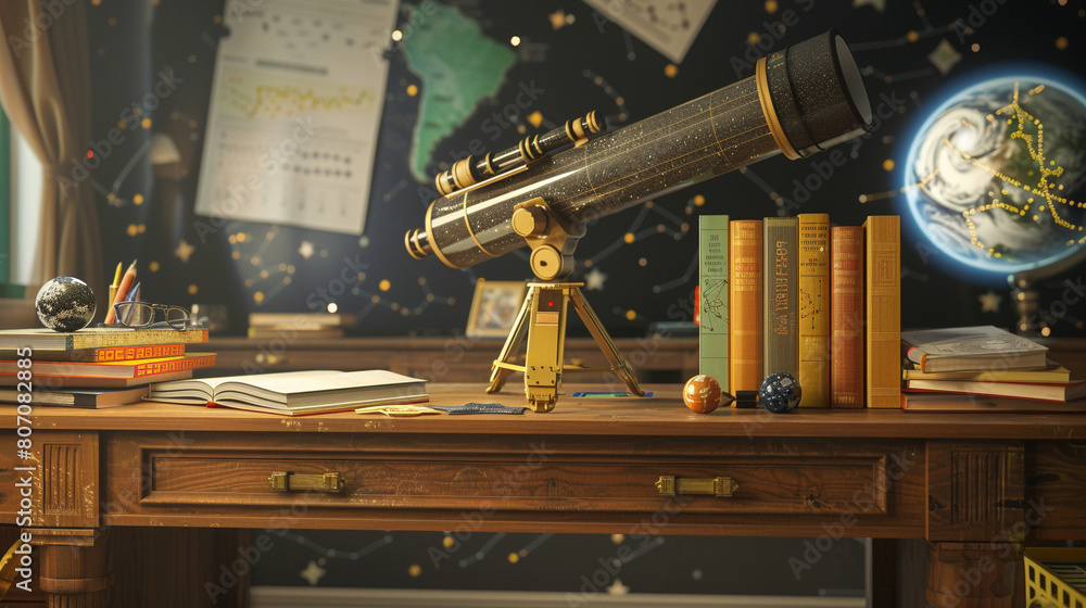 Fototapeta premium Desk with Telescope and Star Charts Symbolizing Astronomy and Exploration