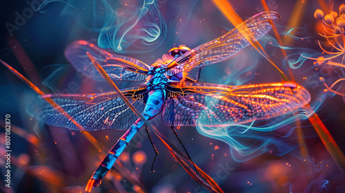 neon-lit dragonfly resting on a reed, with tendrils of smoke curling around its translucent wings, adding an element of mystery and magic to the delicate insect
