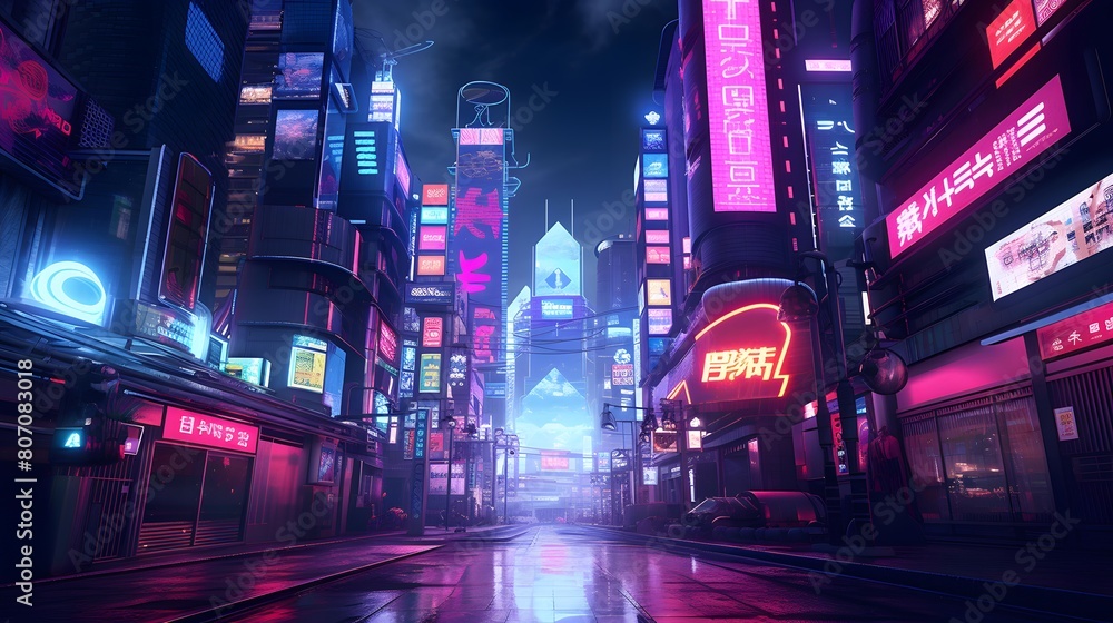 Night city with neon lights. Panoramic view of the city street at night.