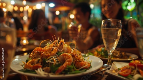 A group of tourists enjoying som tam salad at a Thai restaurant  experiencing the bold and exotic flavors of authentic Thai cuisine.