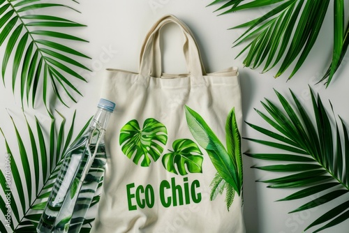 Flat lay mockup of canvas tote bag with text "Eco Chic" background with reusable water bottle, green plants, and organic snacks, flatlay photography style, minimalistic design, professional studio lig